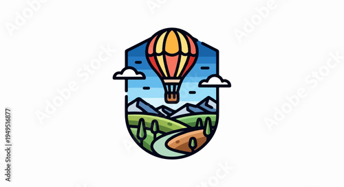 Hot air balloon flying over a scenic landscape with mountains and fields.