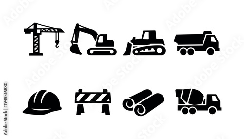 Construction site equipment: tower crane, excavator, bulldozer, dump truck, safety helmet, construction barrier, blueprint roll, cement mixer