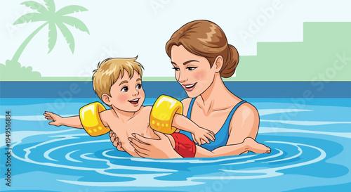 Mother teaching her young child to swim in a pool.