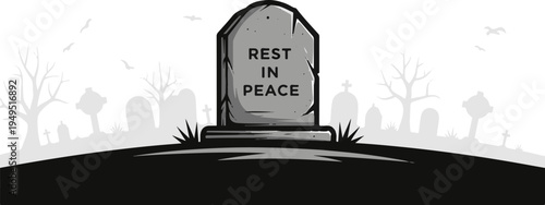 Solemn Gravestone with Rest in Peace Engraving in a Spooky Cemetery.