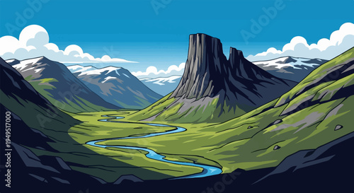 Majestic River Winding Through Lush Green Valley.