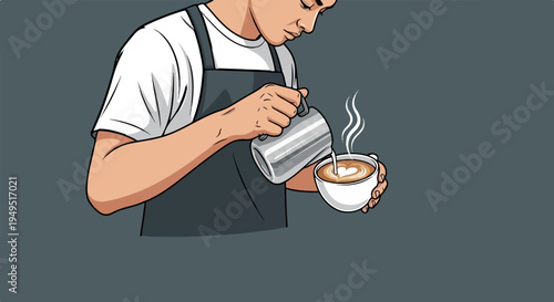 Barista skillfully pouring steamed milk into a coffee cup to create latte art.