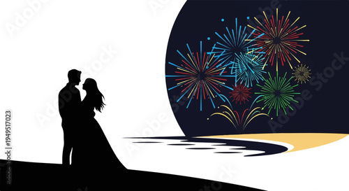 Romantic couple silhouette watching fireworks display at night.