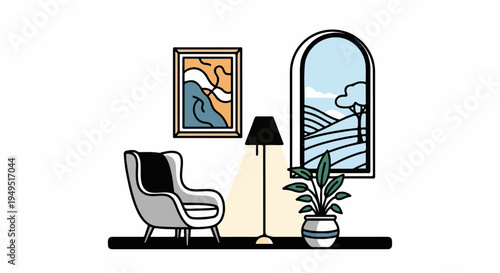 Cozy living room interior with armchair lamp plant and window view.