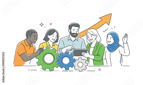 A diverse group of professionals supporting each other while building a successful business initiative together, expressed through a clear visual metaphor of interlocking gears, a