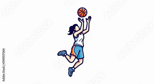 Female basketball player in action jumping to shoot or catch the ball.
