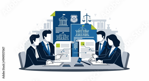 Legal professionals discussing documents in a formal setting.