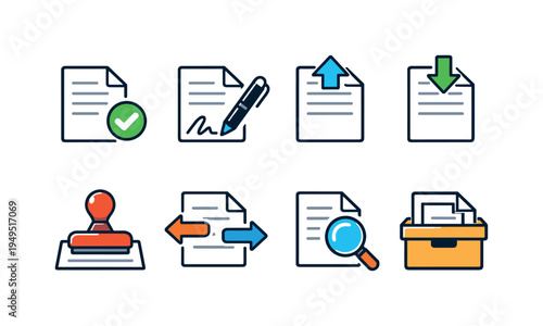 Digital document workflow: document with checkmark, document signature pen, document upload arrow, document download arrow, document approval stamp, document share arrows, document