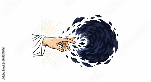 Hand touching a swirling dark energy sphere.