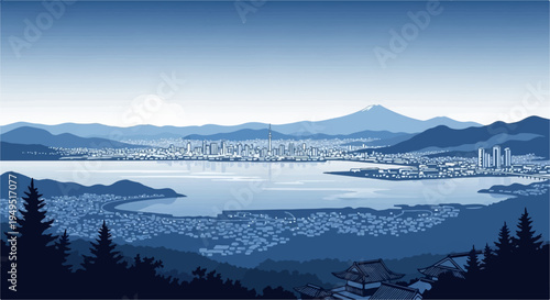 Panoramic view of a serene lake surrounded by a bustling city and majestic mountains.