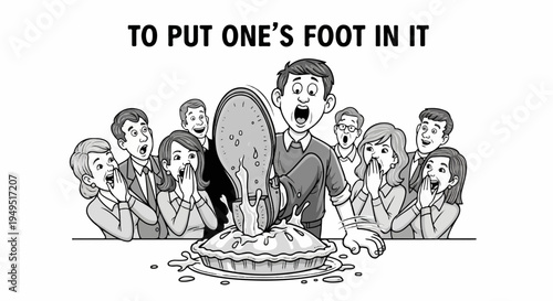 Man accidentally steps into a pie surrounded by shocked and amused onlookers.