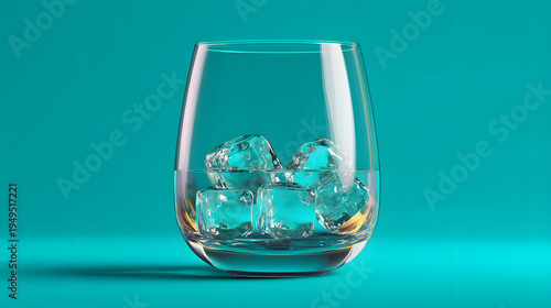 3D stylized semi-real cocktail glass with translucent liquid and simplified ice cubes. Clean reflections. Solid teal background.