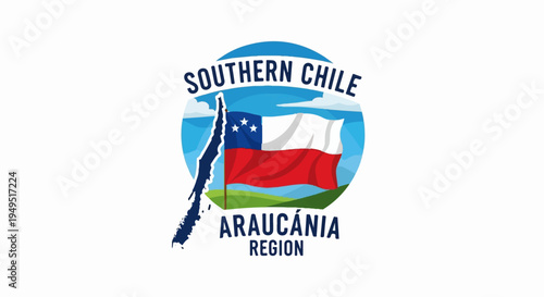 Southern Chile Araucania Region Logo with Chilean Flag and Map Outline.