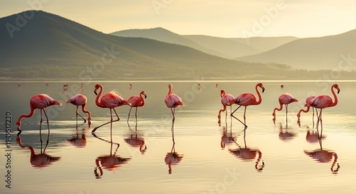 Flock of Pink Flamingos in Shallow Lake.
