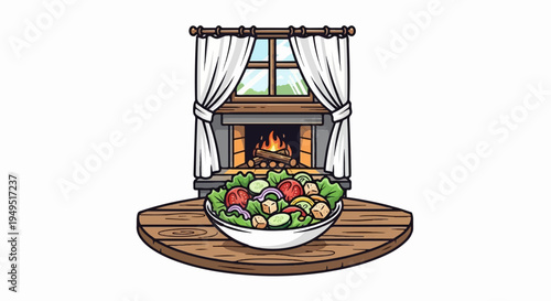 Fresh garden salad in a white bowl on a rustic wooden table.