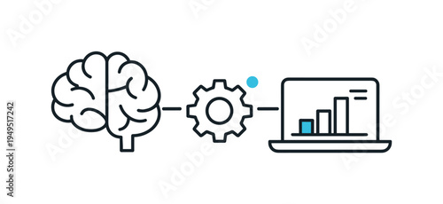 Artificial intelligence assisting digital productivity and modern work processes, a simple brain icon connected to a small gear and a laptop forming a clear visual metaphor for
