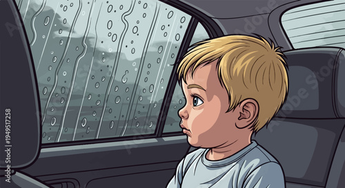 Curious toddler with blonde hair looking out car window.
