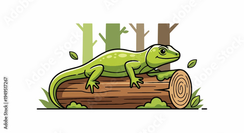 Green Lizard Resting on a Log in a Forest Setting.