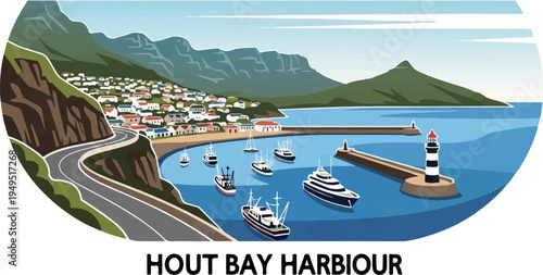 Hout Bay Harbour with boats and lighthouse.