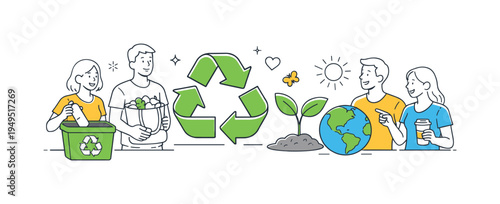 A modern eco awareness concept where people practice sustainable habits such as recycling and reducing environmental impact while supporting a healthier planet, visual metaphor of