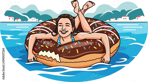 Happy woman enjoying summer vacation floating on a donut inflatable.