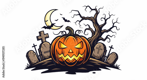 Spooky Halloween Pumpkin with Glowing Eyes and Grin.