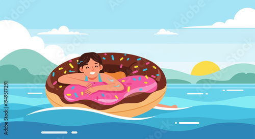 Woman enjoying summer vacation floating on a donutshaped inflatable ring.