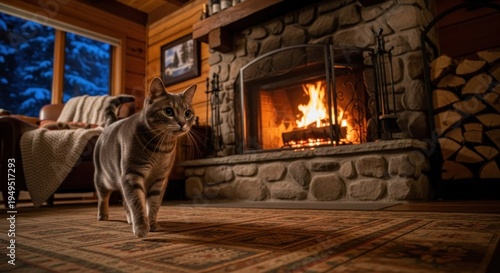 Cozy Cabin Interior with Cat by Fireplace.