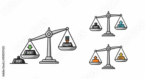 Three distinct weighing scales illustrating concepts of balance inequality and equilibrium in various scenarios.