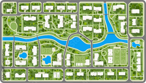 Detailed aerial view of a modern city plan with green spaces and waterways.