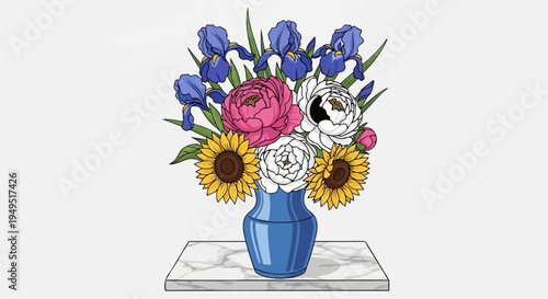 Vibrant floral arrangement with irises peonies ranunculus and sunflowers in a blue vase.