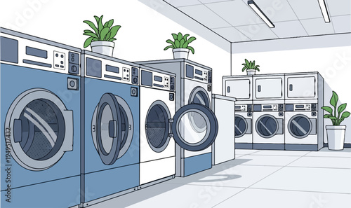 Row of modern washing machines in a clean laundromat.