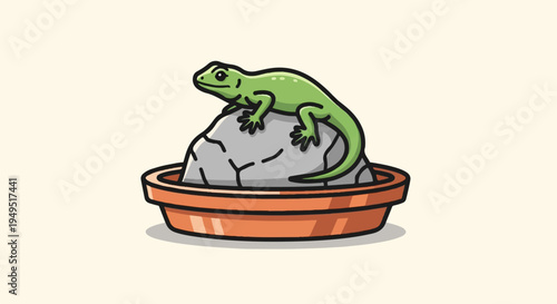 Green Lizard Resting on a Rock in a Terracotta Pot.