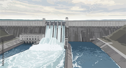 Massive Hydroelectric Dam with Water Flowing Through Spillways.