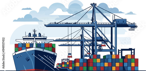 Cargo Ship and Cranes at Port with Shipping Containers.