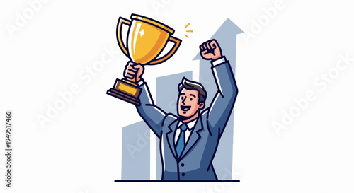 Businessman celebrating success with a golden trophy.