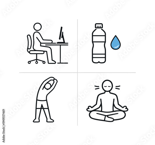 Healthy workplace routine and employee wellbeing habits supporting sustainable professional performance where workers maintain posture, take breaks, stay hydrated, and reduce daily