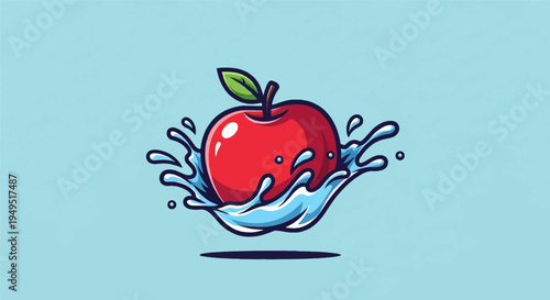Vibrant Red Apple Splashing in Fresh Blue Water.