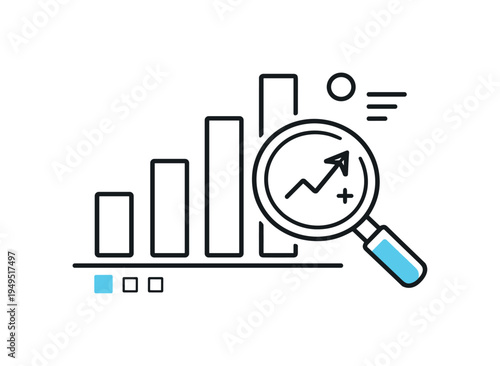 Digital data analytics and performance tracking in a modern technology workflow, a simple bar chart next to a magnifying glass creating a clear visual metaphor for analyzing
