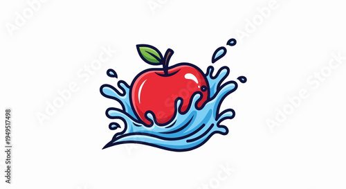 Red Apple Splashing in Fresh Blue Water Illustration.