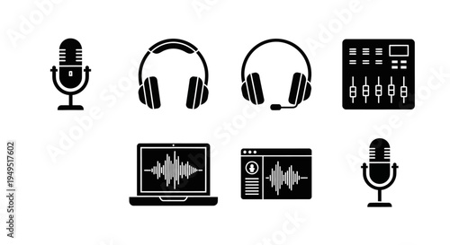Audio Production Icons: Microphone, Headphones, Mixer, Laptop, DAW Software