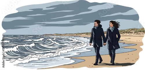 Couple walking hand in hand on a windy beach enjoying a romantic stroll by the sea.