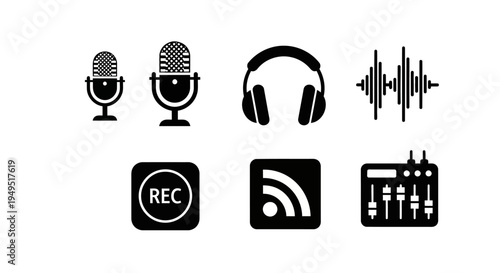 Audio Recording Icons: Microphones, Headphones, Sound Wave, RSS, Mixer, Record Button