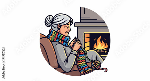 Elderly woman knitting a colorful scarf by the warm fireplace.
