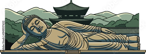 Reclining Buddha Statue in Serene Temple Setting.