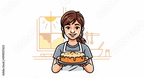 Smiling woman holding a freshly baked cake 1.
