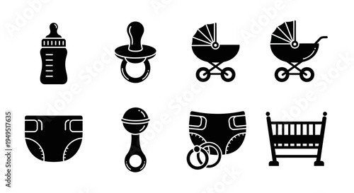 Baby Essentials Icons Set: Bottle, Pacifier, Stroller, Diaper, Rattle, Crib