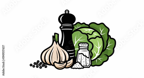 Fresh Ingredients for Cooking Cabbage Garlic Salt and Pepper Mill.