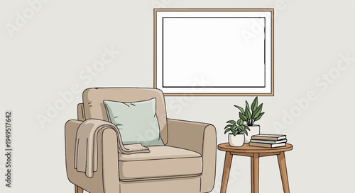 Cozy armchair with pillow and blanket next to a small side table with books and plants.