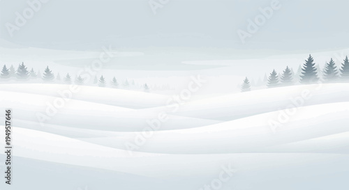 Winter landscape with snowcovered hills and distant evergreen trees.